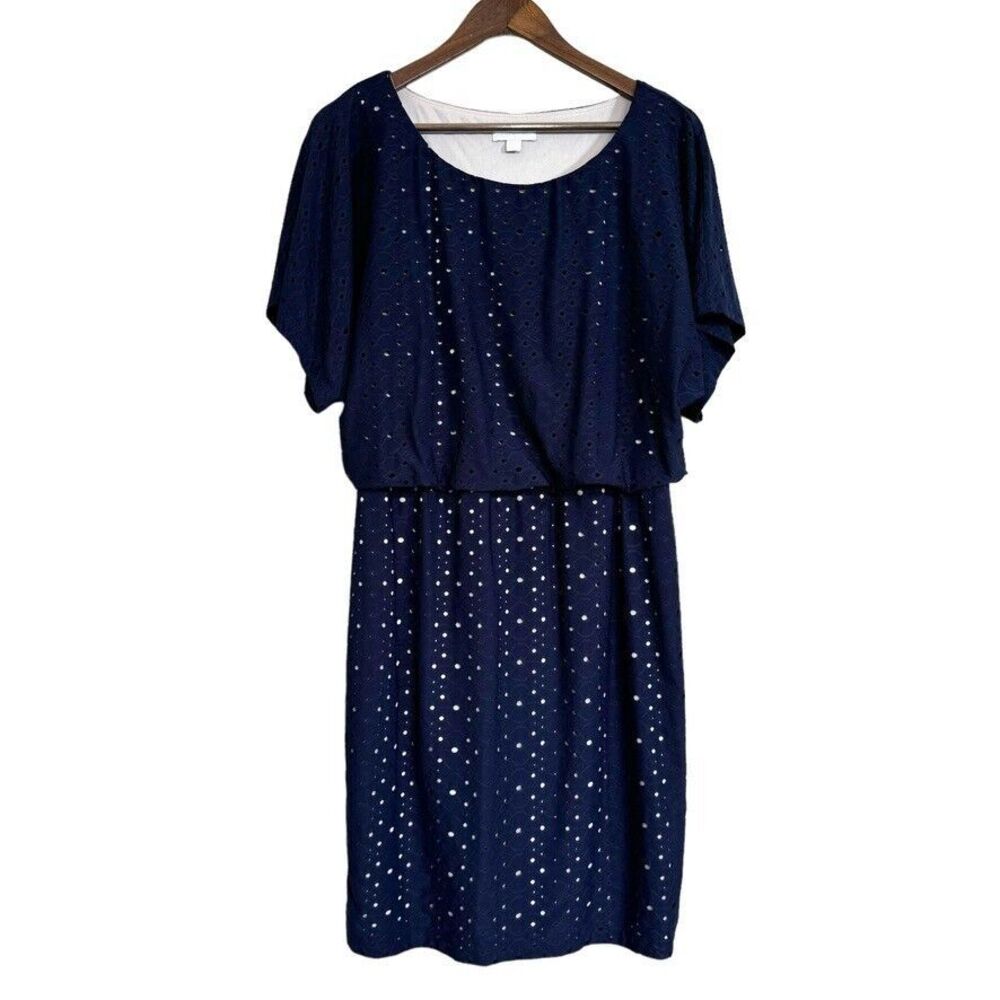 New York & Company Blouson Dress Medium Navy Eyelet Drop Waist Boho Western Work